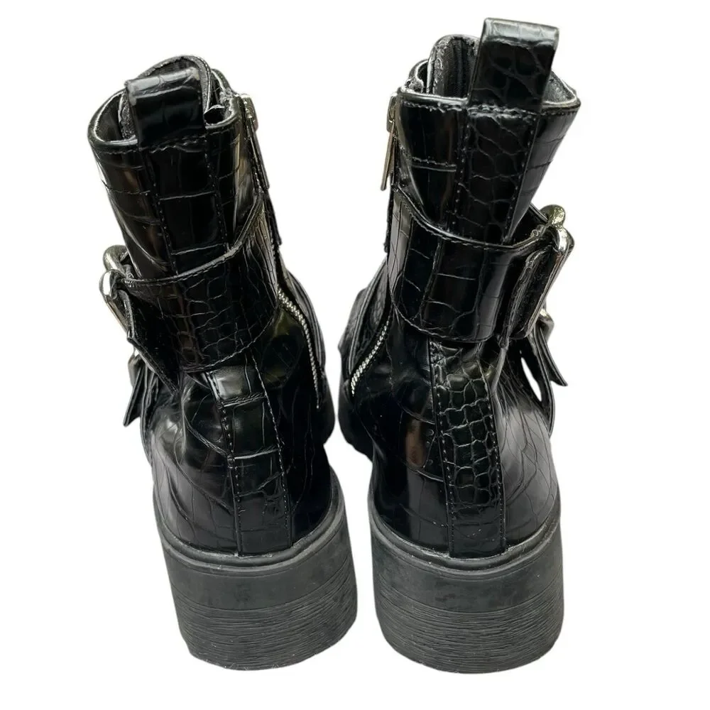 Chunky Moto Goth Punk Rock Aldo Black Patent Mock Croc Combat Boots Size 8.5